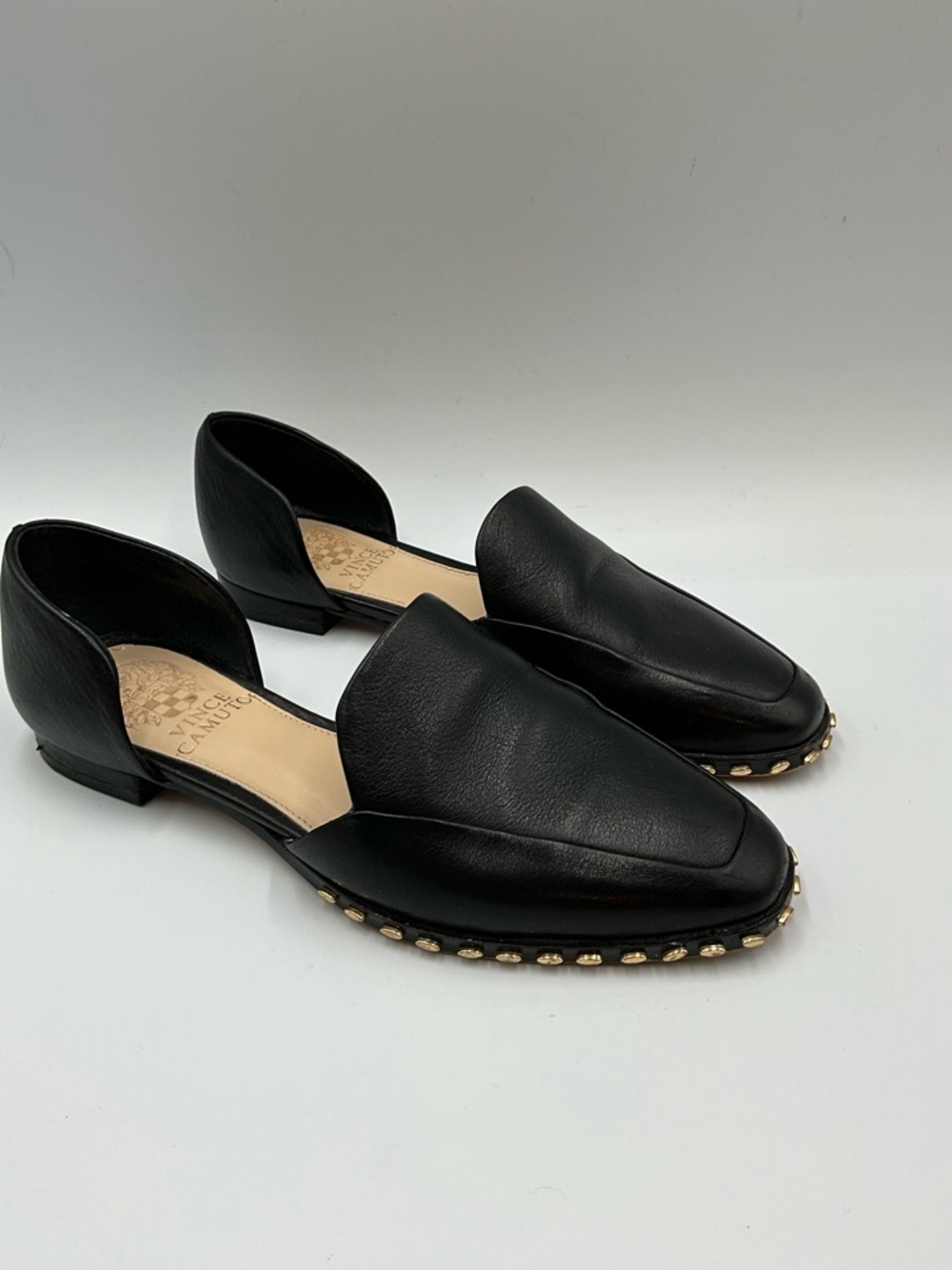 Vince Camuto Loafers Size 5 Black Leather D'Orsay Loafers with Gold Stud Trim